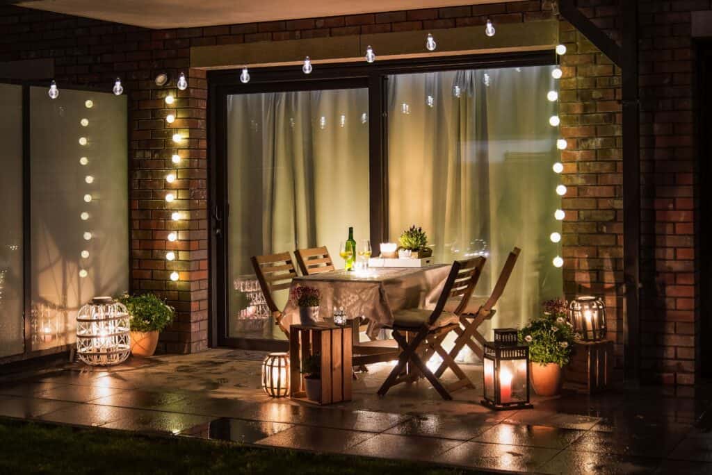 Midland Ontario patio decorated tastefully with lights and lanterns
